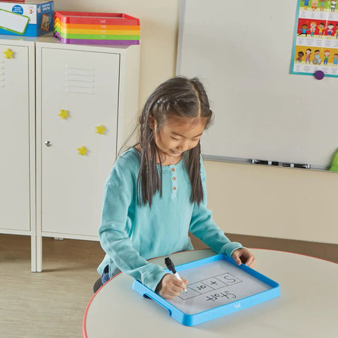 Child using Magnetic Dry Erase Activity Trays For Kids Kid Friendly Stackable Whiteboards With Magnetic Letters Classroom Centers