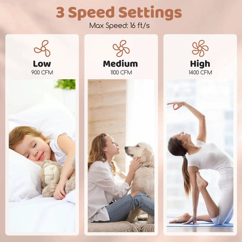 Image showing 16 Inch Metal Pedestal Fan With Adjustable Height, 3 Speed Options; low, medium, and high airflow settings.