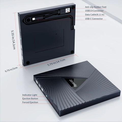External CD DVD Drive For Laptop And PC USB C Portable Disk Burner with USB-C and USB-A ports and design details
