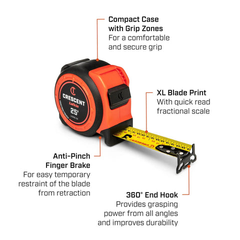 Command Control Series 25 ft 1-3/16 tape measure with anti-pinch brake, protected yellow blade, compact case, XL blade print.