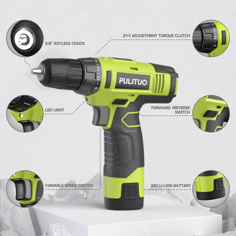 12V Cordless Drill Set With Battery And Charger, Lightweight And Compact, No Cords to Drag, Three Eighth Inch Keyless Chuck, Built In LED, 21 Plus 1 Torque Settings for Fast, Precise Home Improvement Projects