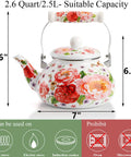 Enamel Steel Tea Kettle Stovetop 2.6 Quart Large Porcelain Enameled Teakettle 2.5L Colorful Floral Design With Ceramic Cool Handle No Whistle Retro Kitchen Decor For Hot Water