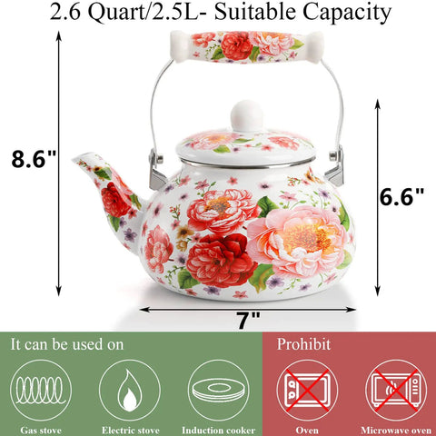 Enamel Steel Tea Kettle Stovetop 2.6 Quart Large Porcelain Enameled Teakettle 2.5L Colorful Floral Design With Ceramic Cool Handle No Whistle Retro Kitchen Decor For Hot Water