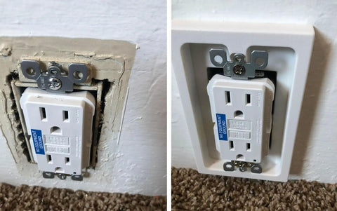 2 Pack 1-Gang Non-Metallic Shallow Surface Box Extender White Adds Five-Eighths Inch Depth To Electrical Boxes Easy Install No Box Removal Keeps Wall Plates Flush Perfect For Home Wiring Upgrades showing installed view on an electrical outlet.