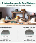 Hat Heat Press Machine For Caps With Two Interchangeable Platens 6.7x3.8 Inches And 6.7x2.5 Inches, Rigid Steel Frame No Stick Teflon Coated, Digital LCD Timer Temperature Control, Portable Desktop Design For Home And Small Business. Two cap platens shown for youth and adult hat sizes.
