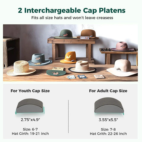 Hat Heat Press Machine For Caps With Two Interchangeable Platens 6.7x3.8 Inches And 6.7x2.5 Inches, Rigid Steel Frame No Stick Teflon Coated, Digital LCD Timer Temperature Control, Portable Desktop Design For Home And Small Business. Two cap platens shown for youth and adult hat sizes.