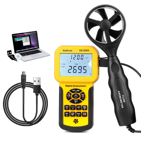 Pro Grade HVAC Anemometer with USB Data Storage and PC Connect, showing digital display and fan-like sensor, includes USB cable.