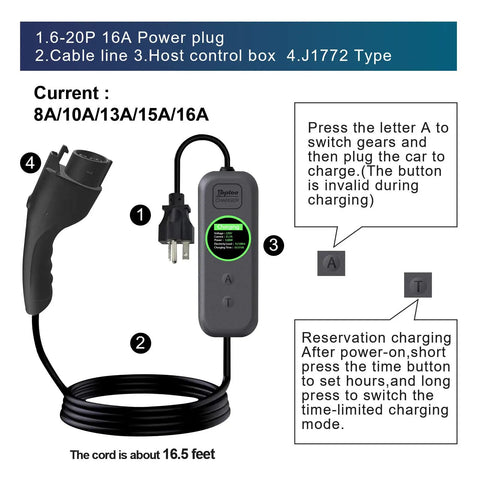 Portable Level 1 And 2 EV Charger For J1772 Electric Vehicles Three Point Five Kilowatt Sixteen Amp Plug And Go Digital Timer Control.