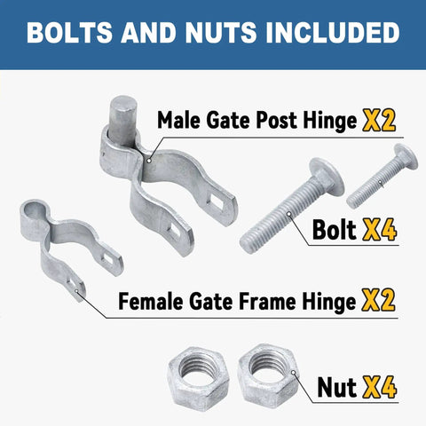 Heavy Duty Chain Link Fence Gate Hinge Kit 1-3/8 To 2-3/8 Inch Galvanized Steel With 2 Frame Hinges, 2 Post Hinges, Bolts, Nuts