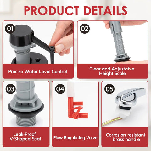 Toilet Flush Valve Replacement Kit with Height Adjustable Fill Valve, 2-Inch Flapper, Handle Lever, showing detailed components