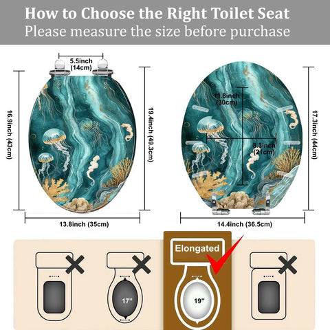 Diagram showing measurements for Elongated Resin Toilet Seat for Bathroom with sizes to ensure proper fit.