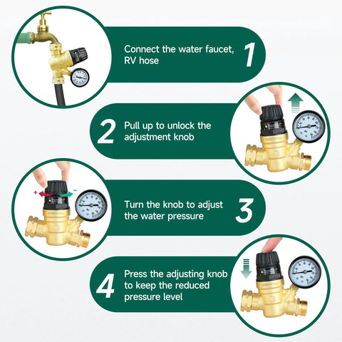 Front view of lead-free brass RV water pressure regulator with 0–160 PSI gauge and adjustable knob.