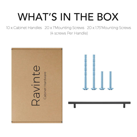 Packaging and contents of Matte Black Stainless Steel Cabinet Handles Set, 10 handles and screws displayed.
