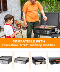 Person cooking on a Blackstone 17 and 22 inch tabletop griddle, outdoor setting with propane tank connected for grilling.