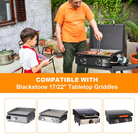 Person cooking on a Blackstone 17 and 22 inch tabletop griddle, outdoor setting with propane tank connected for grilling.