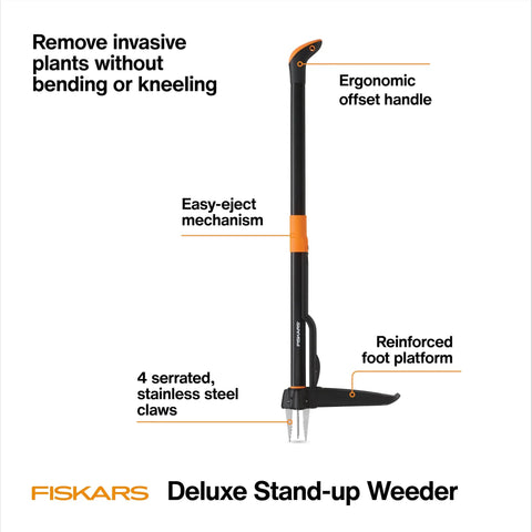 Stand-Up Weed Puller Tool With 4 Serrated Claws, Reinforced Foot Platform, 39 Inch Reach, Easy Eject, Ergonomic Offset Handle