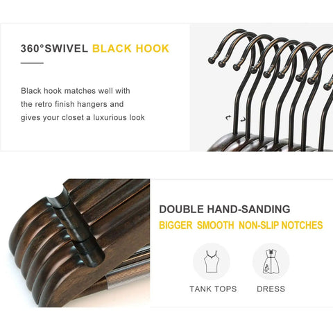 Heavy Duty Wood Coat Hangers With Smooth Retro Finish Boutique Quality Pro Grade Wooden Suit Hangers Thick Non Slip Rubber Pants Bar Extra Smooth Notches 360 Degree Swivel Black Hook 18 Pack showing black hooks and non-slip notches