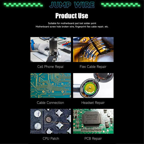 Image showing uses of 0.01mm Insulated Jump Wire For Motherboard Fingerprint Sensor Repair for CPU, PCB, cell phone, and cable repairs.