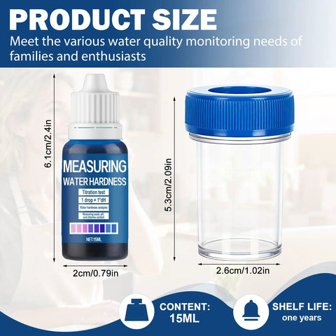 Hard Water Test Kit 10ml Quick Home Water Quality Check With Testing Solution Measuring Cup And Tube Stopper Fast Accurate Hardness Testing For On The Go Water Quality bottle and tube dimensions shown
