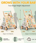 Hella Sturdy Wooden Baby Walker With Ten Interactive Montessori Activities Bead Maze Xylophone And Mirror Completely Legit Push Cart for height adjustment dimensions