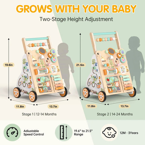 Hella Sturdy Wooden Baby Walker With Ten Interactive Montessori Activities Bead Maze Xylophone And Mirror Completely Legit Push Cart for height adjustment dimensions