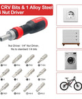 Ratcheting Screwdriver Set 13 In 1 All In One Multi Bit Tool With Torx Security, Flat Head, Phillips, Hex, Square And One Quarter Inch Nut Driver shown with bits