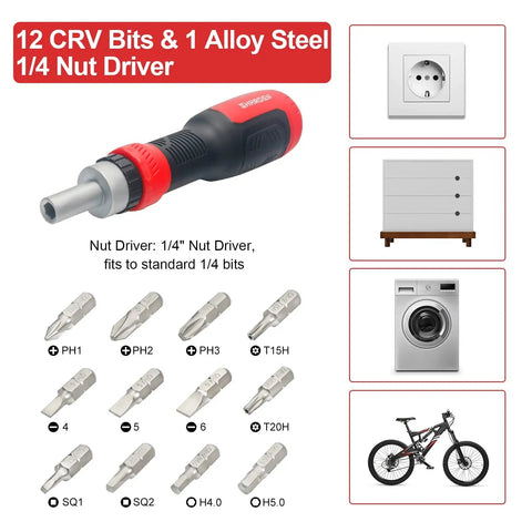 Ratcheting Screwdriver Set 13 In 1 All In One Multi Bit Tool With Torx Security, Flat Head, Phillips, Hex, Square And One Quarter Inch Nut Driver shown with bits