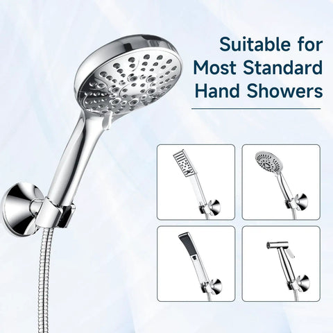 Handheld Shower Head Holder With Dual Angle Positions And Strong Wall Suction Bracket Includes Adhesive 3M Disc No Tools Required Easy Install Chrome Finish showing various angles
