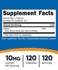 Supplement facts label for Lithium Orotate 10Mg Capsules, 120 Capsules, Vegan, GMO Free, for mood support and brain health.
