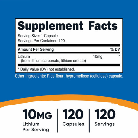 Supplement facts label for Lithium Orotate 10Mg Capsules, 120 Capsules, Vegan, GMO Free, for mood support and brain health.