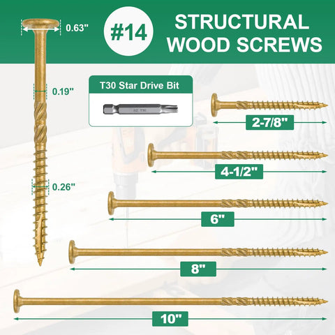 Heavy Duty Outdoor Deck Screws 4 And A Half Inch 50 Pack Star Drive Wood Screws For Timber Log And Landscaping Projects Tough As Nails Rust Resistant Tan Size 14 X 4 And A Half Inches illustration with various screw sizes.