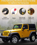 Yellow Jeep with text on fuel pump replacement indicators like engine noise and efficiency issues.