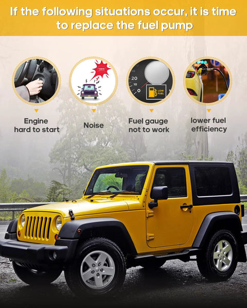 Yellow Jeep with text on fuel pump replacement indicators like engine noise and efficiency issues.