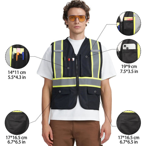 Custom Printed High Visibility Safety Vest With Wide Reflective Tape And Matte Black Build Designed For Hard Working Teams Wanting A Dope Fresh Edge On The Job with pocket details.