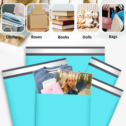 Teal Non Padded Poly Mailers 60 Pack Self Sealing Variety Pack With Five Sizes featuring clothes, boxes, books, dolls, bags