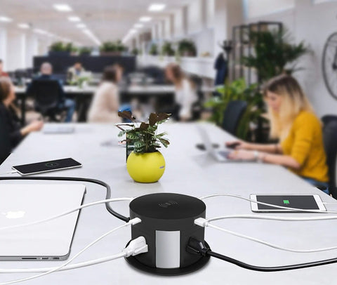 Automatic Pop Up Outlet For Countertops With Recessed Power Strip 4 AC Outlets 2 USB A 2 USB C And Wireless Charging Station in office