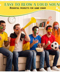 Fans cheering with Six Pack Vuvuzela Stadium Horns 21 Inch Collapsible Plastic Trumpet Noisemakers at a game day party.