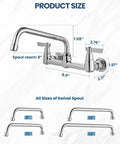 Rock Solid Wall Mount Kitchen Faucet With Swivel Spout And Dual Handles with product size diagram and measurements.