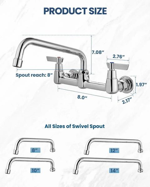 Rock Solid Wall Mount Kitchen Faucet With Swivel Spout And Dual Handles with product size diagram and measurements.