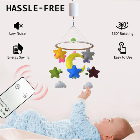 Baby playing under a colorful star and moon mobile with remote. Disco Ball Motor For Wind Spinner And Mirror Ball Chimes Hang Display Rotating Motor With Mini Remote Controller Battery Powered At 20 RPM Holds Up To 4 Pounds Garden Decor Boss Vibe.