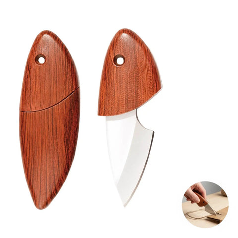 Compact Utility Knife and Box Cutter with stainless peeler and wood handle, shown assembled and in use cutting rope.