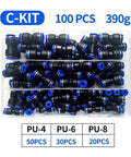 Sweet High Quality Boxed Pneumatic Fitting Kit With Straight Push Plastic Connectors For 4Mm 6Mm 8Mm 10Mm 12Mm Pu Tubes Featuring Ninja Valves 100 Piece C Kit Perfect For Tough Diy Projects And Air Compressor Gear No Dumps In Your Face, boxed PU-4 PU-6 PU-8 fittings