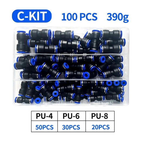 Sweet High Quality Boxed Pneumatic Fitting Kit With Straight Push Plastic Connectors For 4Mm 6Mm 8Mm 10Mm 12Mm Pu Tubes Featuring Ninja Valves 100 Piece C Kit Perfect For Tough Diy Projects And Air Compressor Gear No Dumps In Your Face, boxed PU-4 PU-6 PU-8 fittings