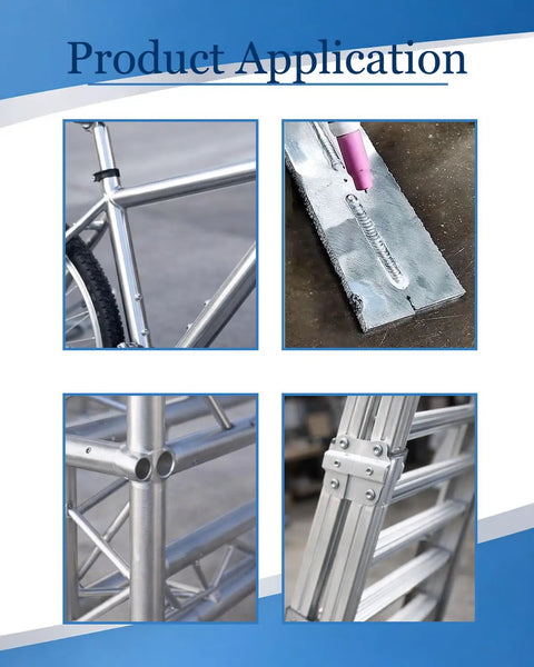 Four images showing applications of 5356 Aluminum TIG Filler Rods Pack, 25 Rods, One Sixteenth Inch By Thirteen Inch in metalwork