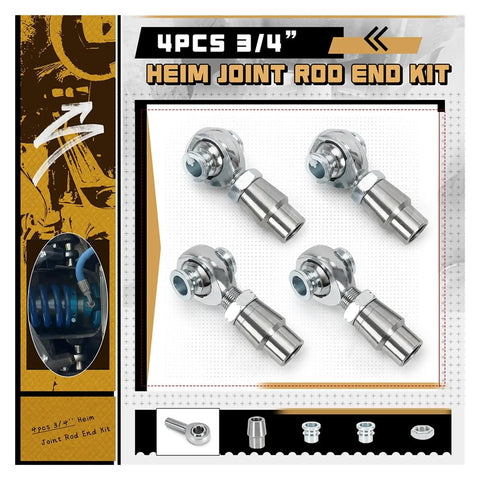 Heavy Duty Heim Joint Rod End Kit Two Pair Set With Left And Right Hand Threads Featuring Sealed Greased Chromoly Steel Design For Rock Solid Steering and Long Lasting Ride Stability, 3/4 inch size, chrome steel finish.