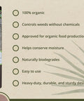 Rolled Natural Organic Paper Mulch Ground Cover Mat For Veggie Gardens Black 3 By 300 Feet with product benefits listed