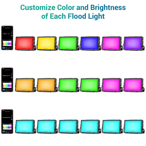 Dope Outdoor RGBW 40W LED Flood Light With Smart Color Changing, Alexa Compatible, displaying various colors controlled by app