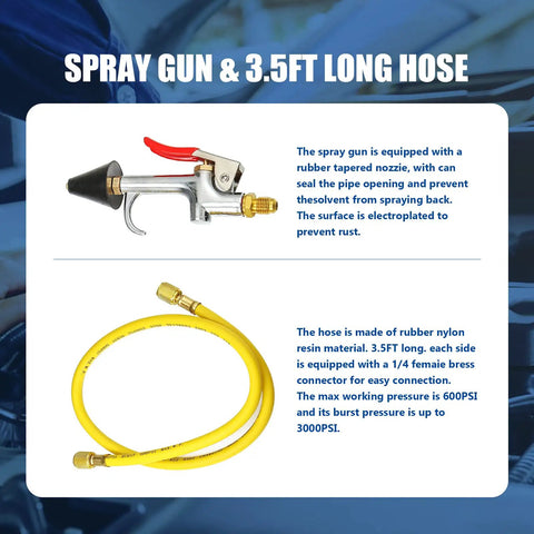 Spray gun and 3.5ft hose for AC Flush Kit For Automotive Air Conditioning Cleaning, Pro Grade Home AC Flush Tool With 220 PSI Gauge, Fits R134A R12 R22 R404 R410A Systems, Heavy Duty Stainless Steel Tank, Includes Air Fittings And Hose