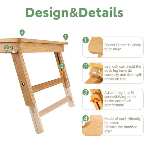 Details of Big Floor Desk Tray With Folding Legs, bamboo material, adjustable height, safety features, and design highlights.