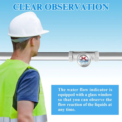 Engineer observing One Inch NPT Stainless Steel Water Flow Indicator Meter for Home Plumbing and Industrial Lines with glass window